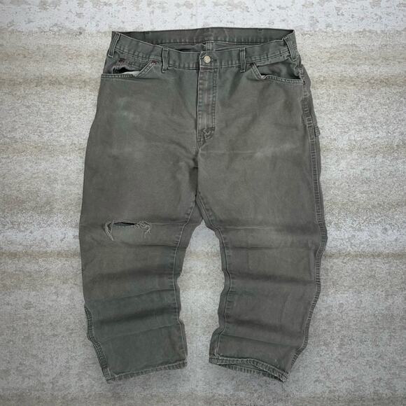 Vintage Dickies Carpenter Pants Sage Green Canvas Baggy Dungarees Work Wear 90s - Picture 2 of 6